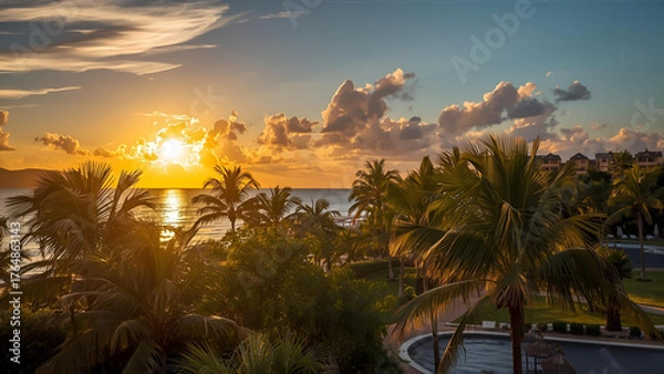 Fototapeta Tropical resort located by the beach with a sunset view