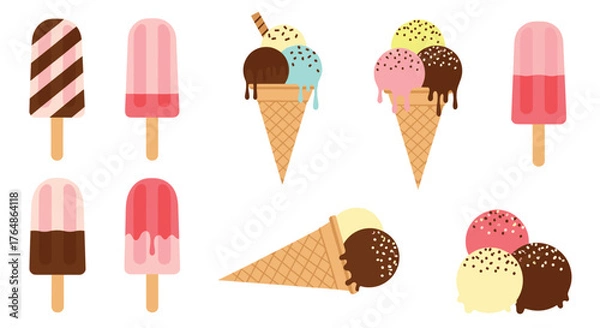 Obraz Delicious ice cream treats and frozen popsicles on white background.