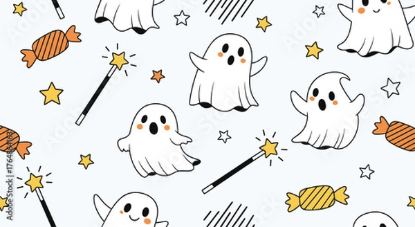 Fototapeta Cute Halloween Ghosts and Candy Pattern on White Background.