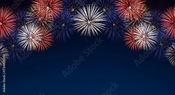 Fototapeta Vibrant red white and blue fireworks bursting in a dark night sky