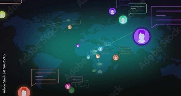Fototapeta Displaying purple circular avatar icon linking icons with chat bubbles on dark teal map, copy space