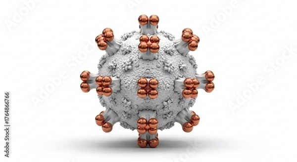 Obraz Coronavirus with rose gold spike proteins - White virus structure medical illustration - COVID-19 pathogen virology concept with metallic receptor binding domains