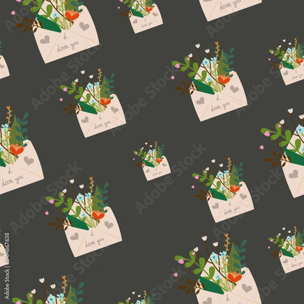 Fototapeta Elegant botanical floral seamless pattern with envelope and flowers on dark background, romantic minimalist vector design