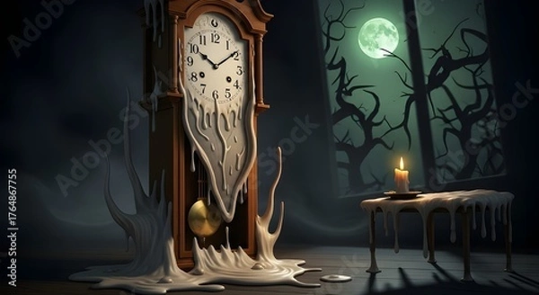 Fototapeta A Surreal Nightscape with a Dripping Clock and Haunted Moonlight Ambience
