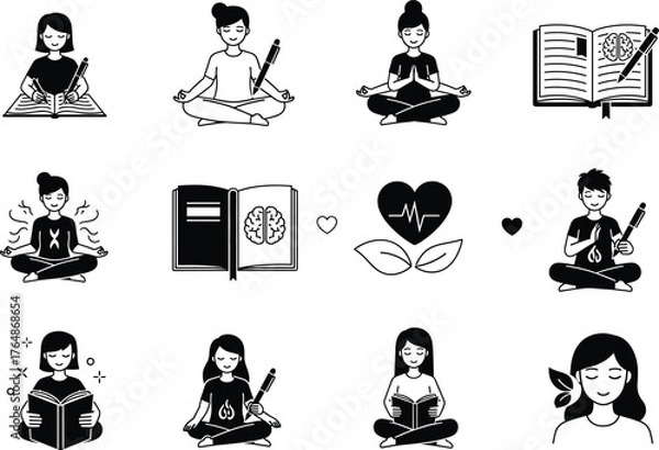 Obraz Mental Health Self Care Routines Journaling and Breathing Vector Icon Collection