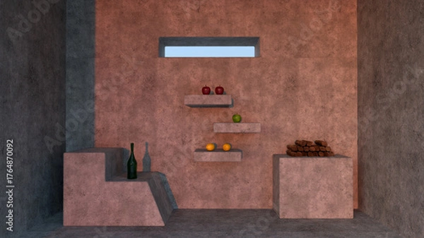 Obraz Objects on shelves and cement supports