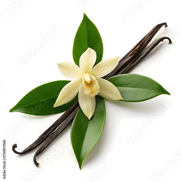 Fototapeta A vanilla flower with green leaves and vanilla beans isolated on a white background in a studio shot