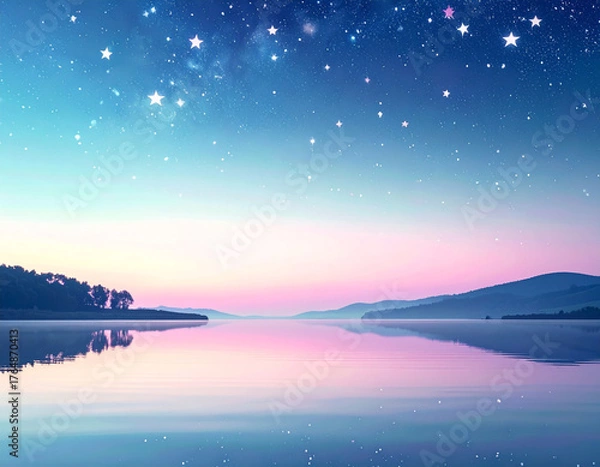 Fototapeta 夜明けの静かな湖に、星々が水面に映る幻想的な風景。パステルブルーとピンクのグラデーションが美しく広がり、夢と希望を感じるファンタジックな自然風景イラスト。