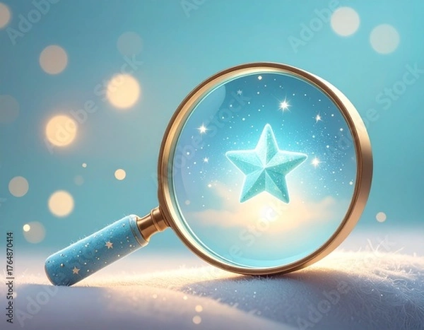 Fototapeta 青い空の下で輝く星を拡大する、金縁のルーペと星の幻想的な構図。夢や発見、希望をテーマにしたメルヘンチックなイラスト風のイメージ。