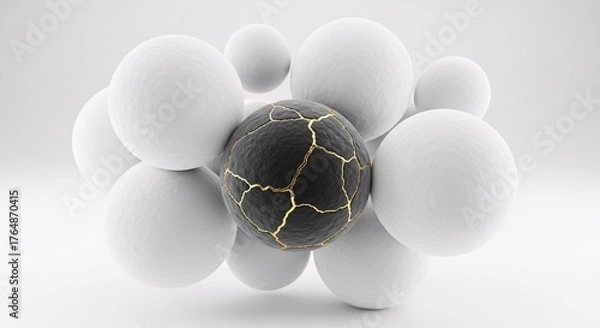 Obraz Black stem cell with golden cracks in white cluster - Kintsugi style cell differentiation concept - Regenerative medicine illustration showing cellular transformation