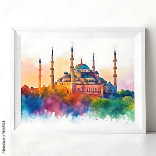 Fototapeta Framed watercolor painting of the blue mosque with vibrant colors on a white background and white frame