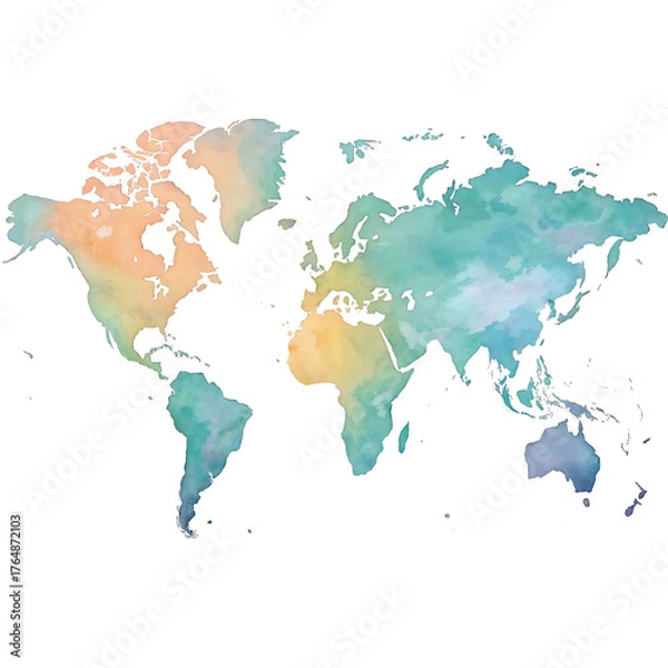 Fototapeta Watercolor world map illustration showing continents in shades of blue green orange and yellow on white