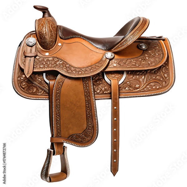 Fototapeta A detailed view of a brown leather western saddle with intricate floral carvings and silver accents isolated