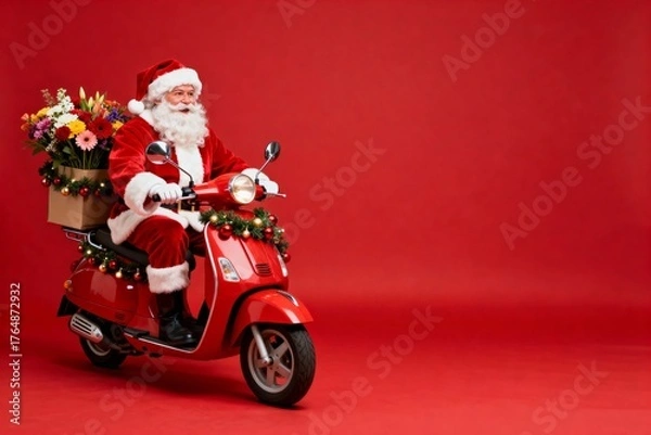 Fototapeta Christmas flower delivery. Santa Claus delivers flowers on a moped decorated with Christmas lights, banner, text space, red background.
