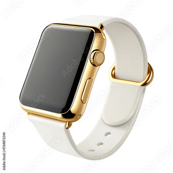 Fototapeta A close up of a gold smart watch with a black screen and a white band on a white background view