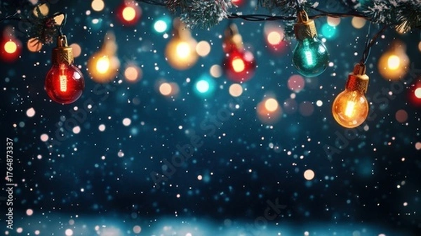 Obraz Festive holiday lights display in winter wonderland joyful atmosphere decorative photography snowy night close-up view celebration concept