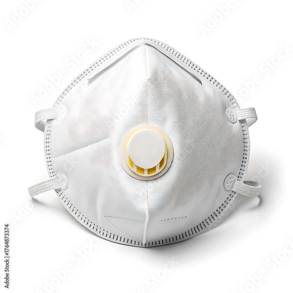Fototapeta A white n respirator mask with a yellow and white valve isolated on a white background in close up view