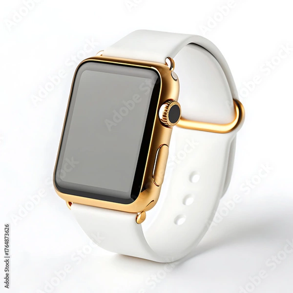Fototapeta Close up shot of a gold apple watch with a white band on a plain white background in a studio setting