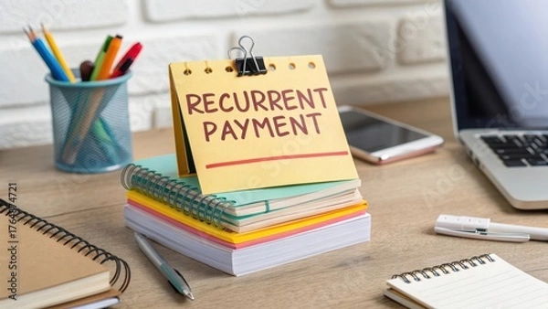 Fototapeta Yellow Calendar with Recurrent Payment Reminder on a Desk