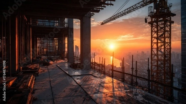 Obraz Construction sunrise over city skyline urban development photography industrial environment elevated viewpoint progress and growth