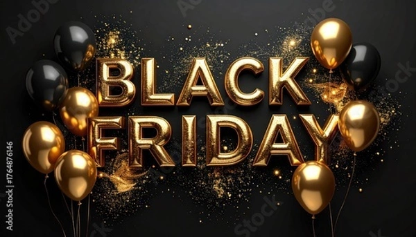 Fototapeta Elegant Black Friday Promotion with Gold Balloons and Glitter on a Black Background