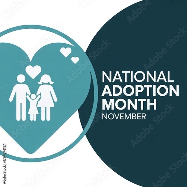 Obraz National Adoption Month in November: Heart Graphic with White Family Silhouette for Awareness, Support, and Bringing Children Home