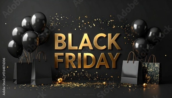 Fototapeta Elegant Black Friday Promotional Image with Golden Text and Festive Decorations