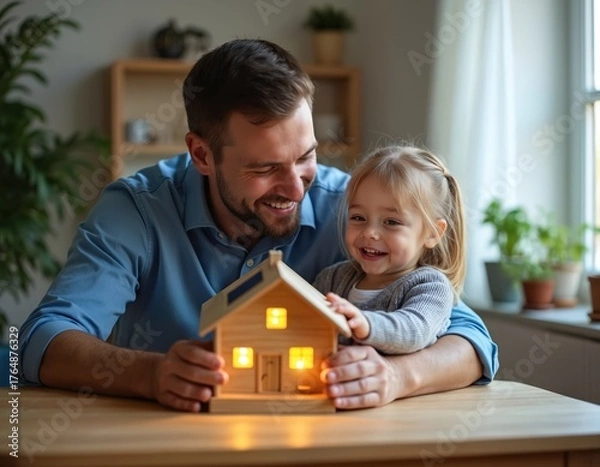 Fototapeta Happy dad holds little girl showing wooden house model with lights. Father smiles at daughter. They discuss home design energy and sustainable living.