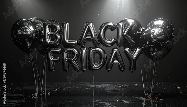 Fototapeta Elegant Black Friday Promotional Image with Reflective Balloons and Dark Background
