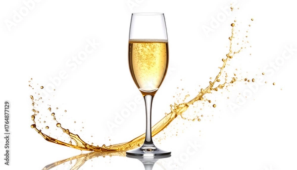 Fototapeta Elegant champagne glass filled with golden bubbles, isolated on a white background. A symbol of celebration and sophistication in minimal form