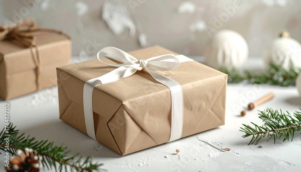 Fototapeta Simple kraft paper gift box wrapped with a white ribbon. Minimal natural holiday aesthetic with a neutral background