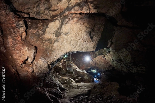 Fototapeta Vadu Crisului Cave in Bihor, Romania, features impressive limestone formations. Stalactites hang from the ceiling, while stalagmites rise from the floor, some meeting to form columns
