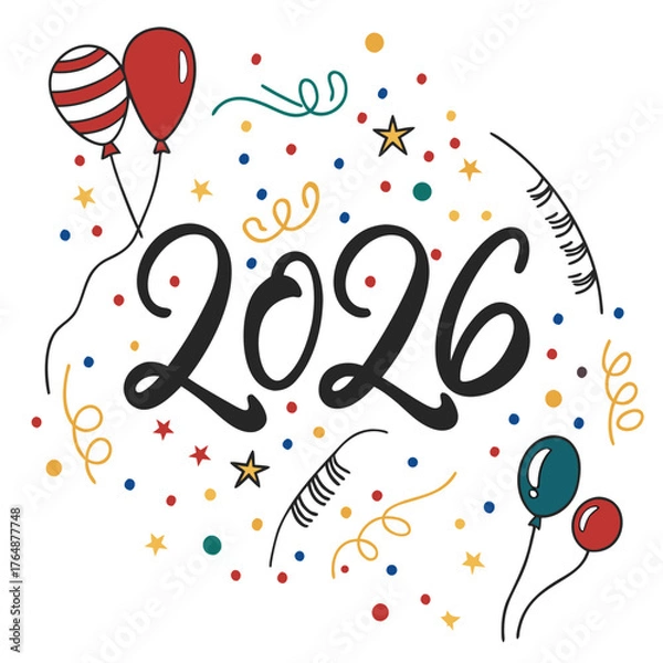 Fototapeta 2026 Celebration – Festive Design with Colorful Confetti and Balloons