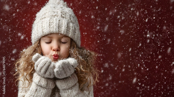 Obraz A little girl blows snow into her hands, red background for a Christmas concept