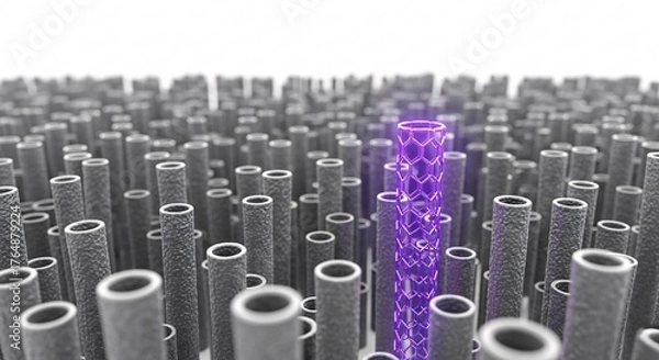 Obraz Purple carbon nanotube with hexagonal lattice - Silver nanotechnology molecular structure - Materials science illustration on white background