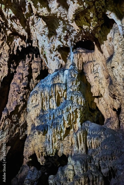 Fototapeta Vadu Crisului Cave in Bihor, Romania, features impressive limestone formations. Stalactites hang from the ceiling, while stalagmites rise from the floor, some meeting to form columns