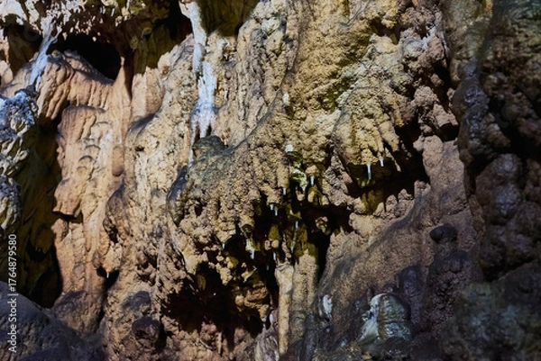 Fototapeta Vadu Crisului Cave in Bihor, Romania, features impressive limestone formations. Stalactites hang from the ceiling, while stalagmites rise from the floor, some meeting to form columns