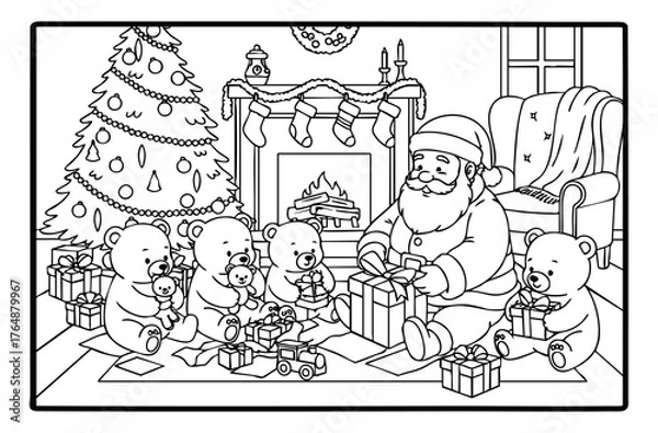 Obraz Santa's little helper bears wrapping gifts vector coloring page