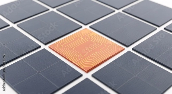 Obraz Solar panel photovoltaic cell with copper center - Blue silicon cells with orange electron flow - Renewable energy technology close-up on white background