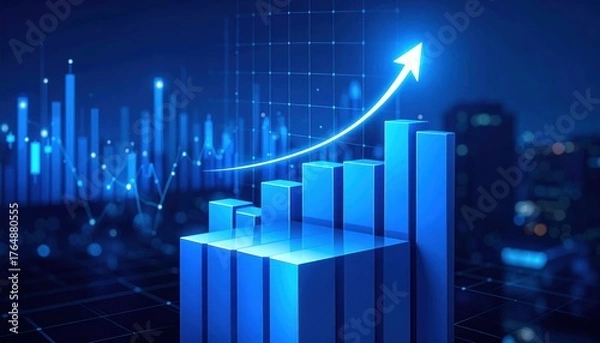 Fototapeta Financial growth chart with upward arrow indicating progress and success on blue background