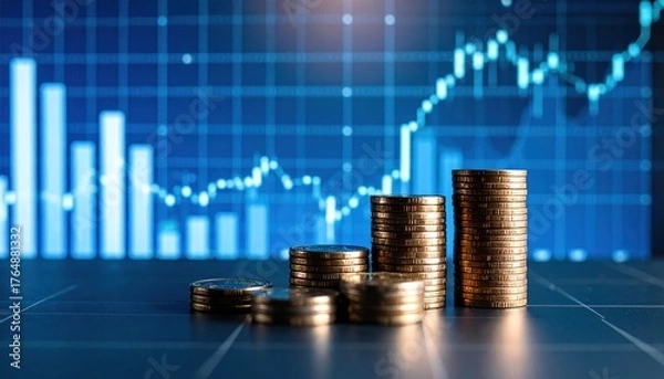 Fototapeta Financial growth concept with stacks of coins reflecting market graph background