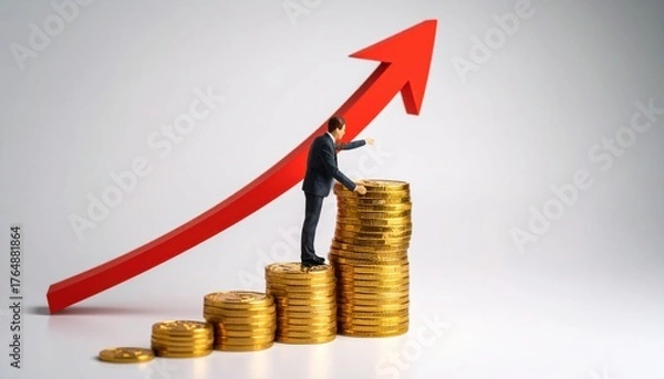 Fototapeta Financial growth symbolized by a businessman climbing stacks of golden coins with an upward