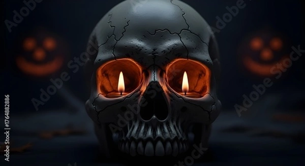 Fototapeta The Burning Eyes of Darkness: A Skull Illuminated by Candlelight on a Haunted Halloween Night