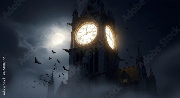 Fototapeta When the Clock Strikes Midnight: Shadows Rise Beneath the Moonlit Tower