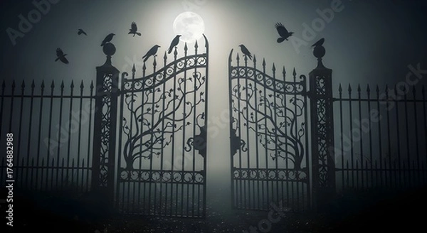 Fototapeta The Moonlit Gate of Shadows: A Haunting Entrance to the Forgotten Cemetery Beneath the Full Moon’s Watch