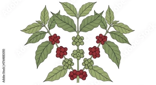 Fototapeta Symmetrical Green Leaves with Red and Green Berries Pattern