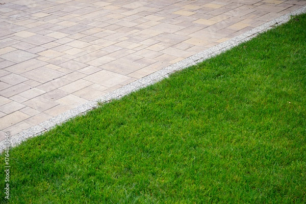 Obraz Clean edge between paved walkway and vibrant green lawn. Diagonal. Real photo