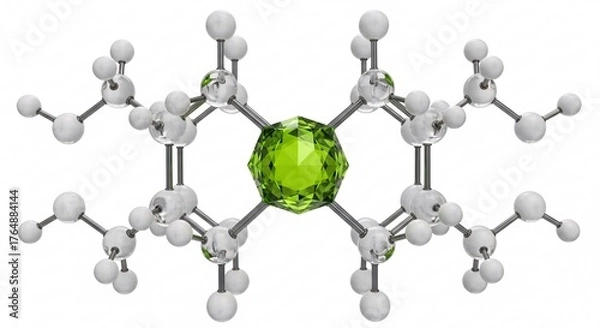 Obraz Peridot green crystal lattice molecular structure - Transparent atomic bonds and chrome spheres - Crystallography materials science illustration on white