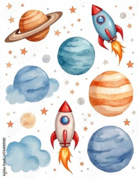 Fototapeta Watercolor illustration shows planets and rockets with stars and clouds. This space theme artwork is perfect for kids decor and educational materials about cosmos.