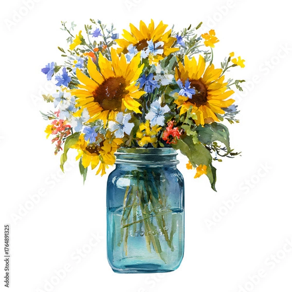 Obraz Watercolor sunflowers in mason jar isolated on white background